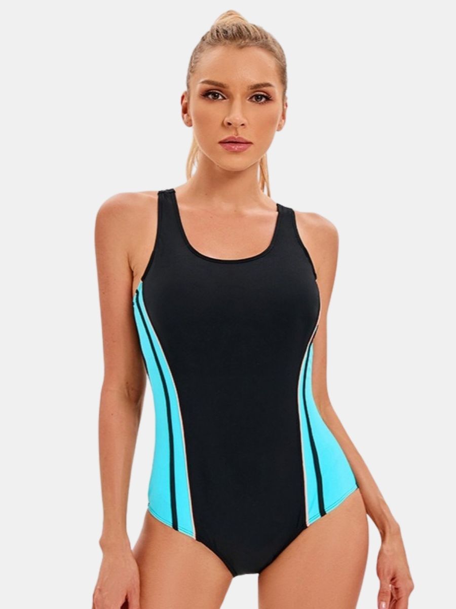 Color Block Open Back Athletic One-piece Women Sports Swimsuit