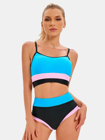 Thin Strap Athletic Colorblock Two-pieces Women Sports Swimsuit