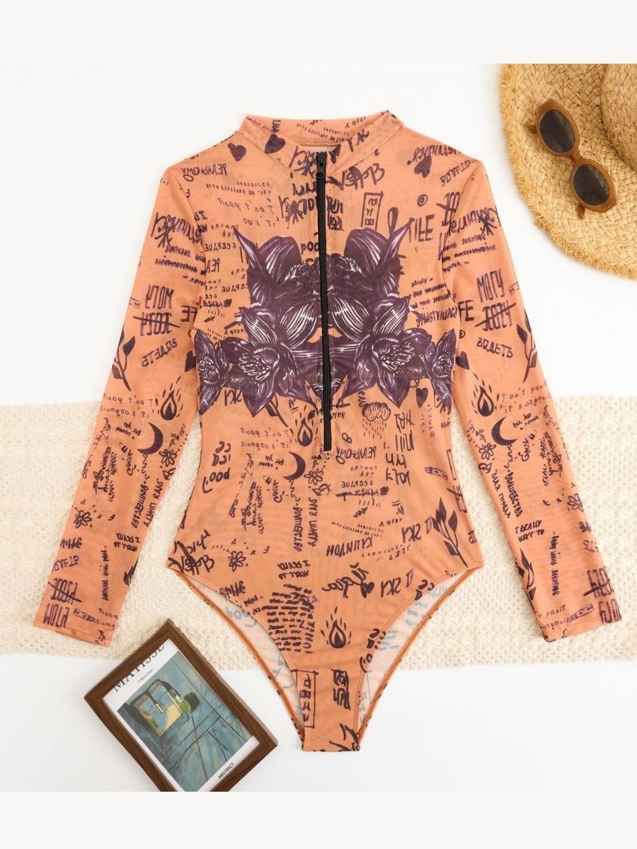 Gold Print UPF 50+ Front Zip Long Sleeve Women Rash Guard Swimsuit