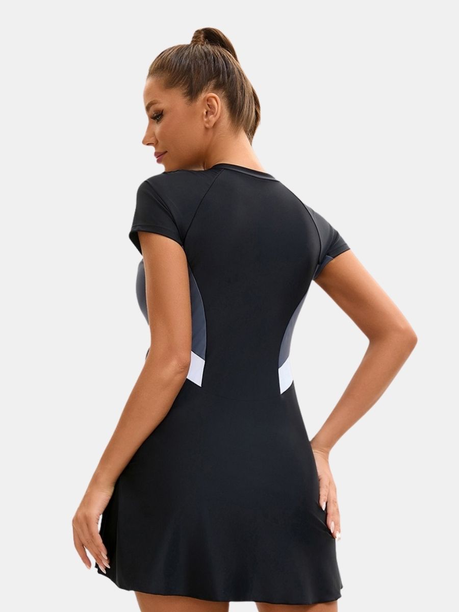 Short Sleeve Front Zip Athletic Women One-piece Sports Swimdress