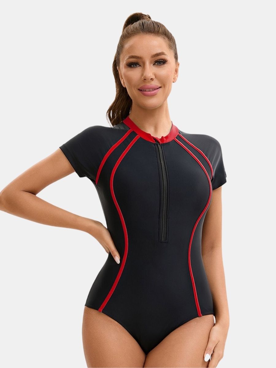 Short Sleeve Front Zip Surfing Athletic Women One-piece Sports Swimsuit