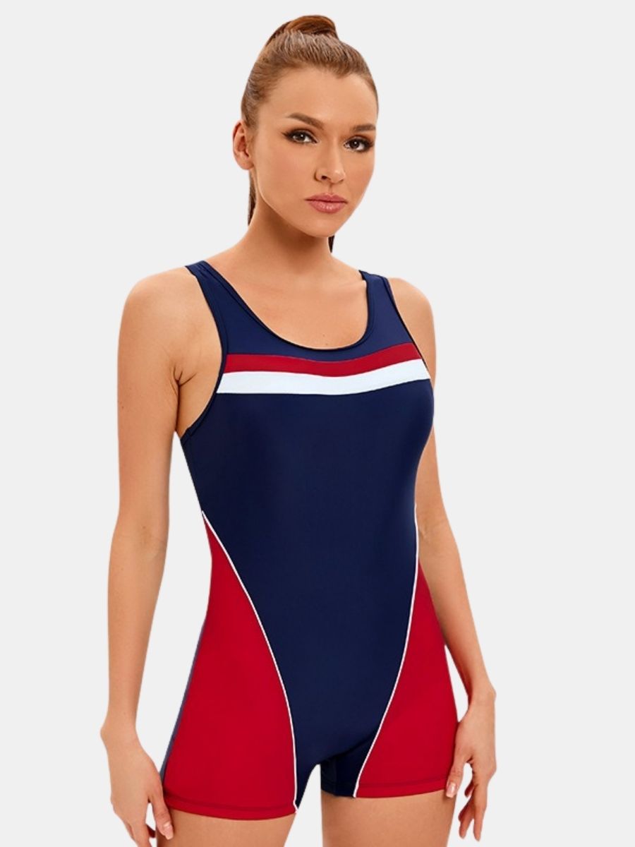 Colorblock Boyleg Women Athletic One-piece Sports Swimsuit