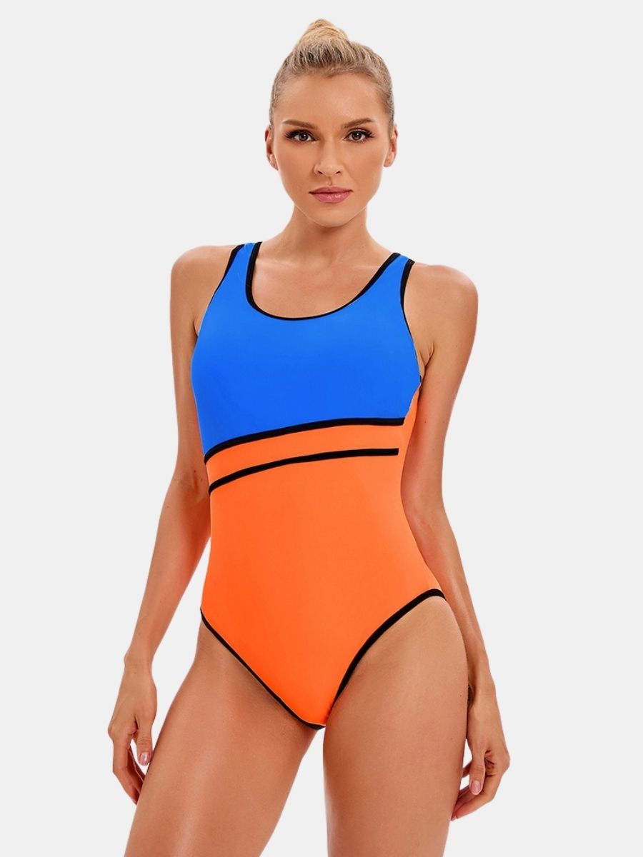 Colorblock Open Back Athletic Women One-piece Sports Swimwear