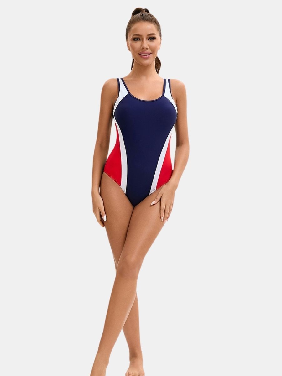 Colorblock Wide Strap Athletic Women One-piece Sports Swimsuit