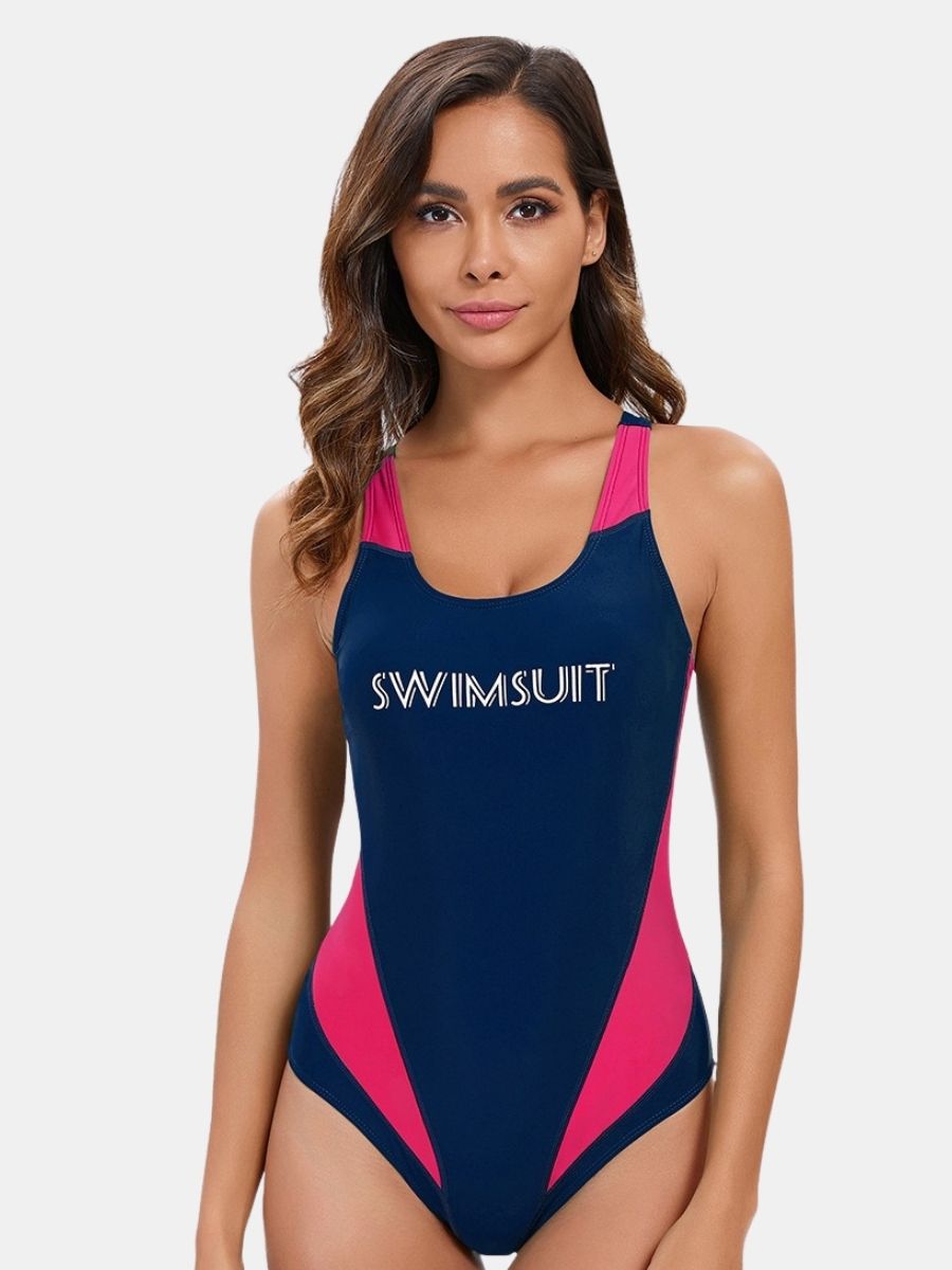 Open Back Colorblock Athletic One-piece Women Sports Swimsuit