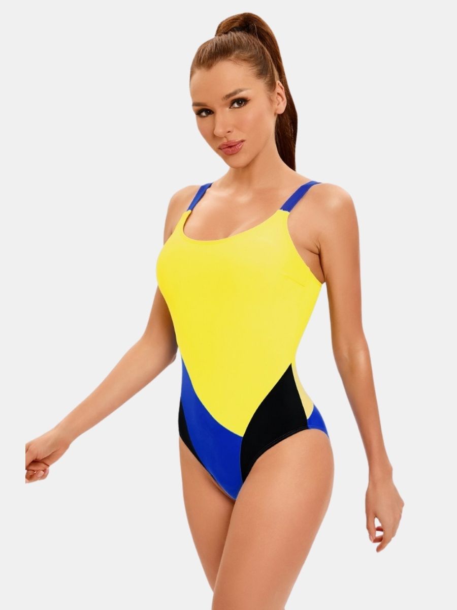 Adjustable Shoulder Strap Colorblock Women Athletic One-piece Sports Swimsuit