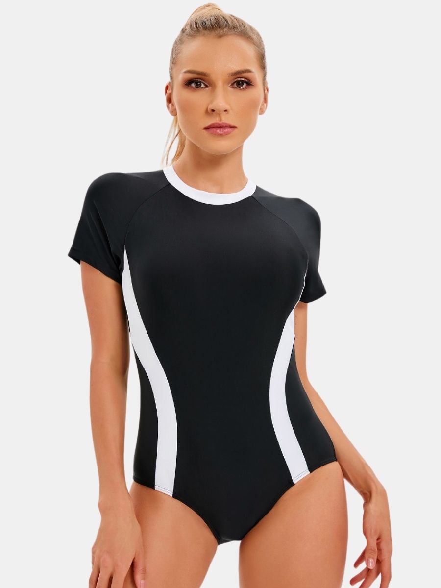 Short Sleeve Back Zip Colorblock Athletic One-piece Women Sports Swimsuit