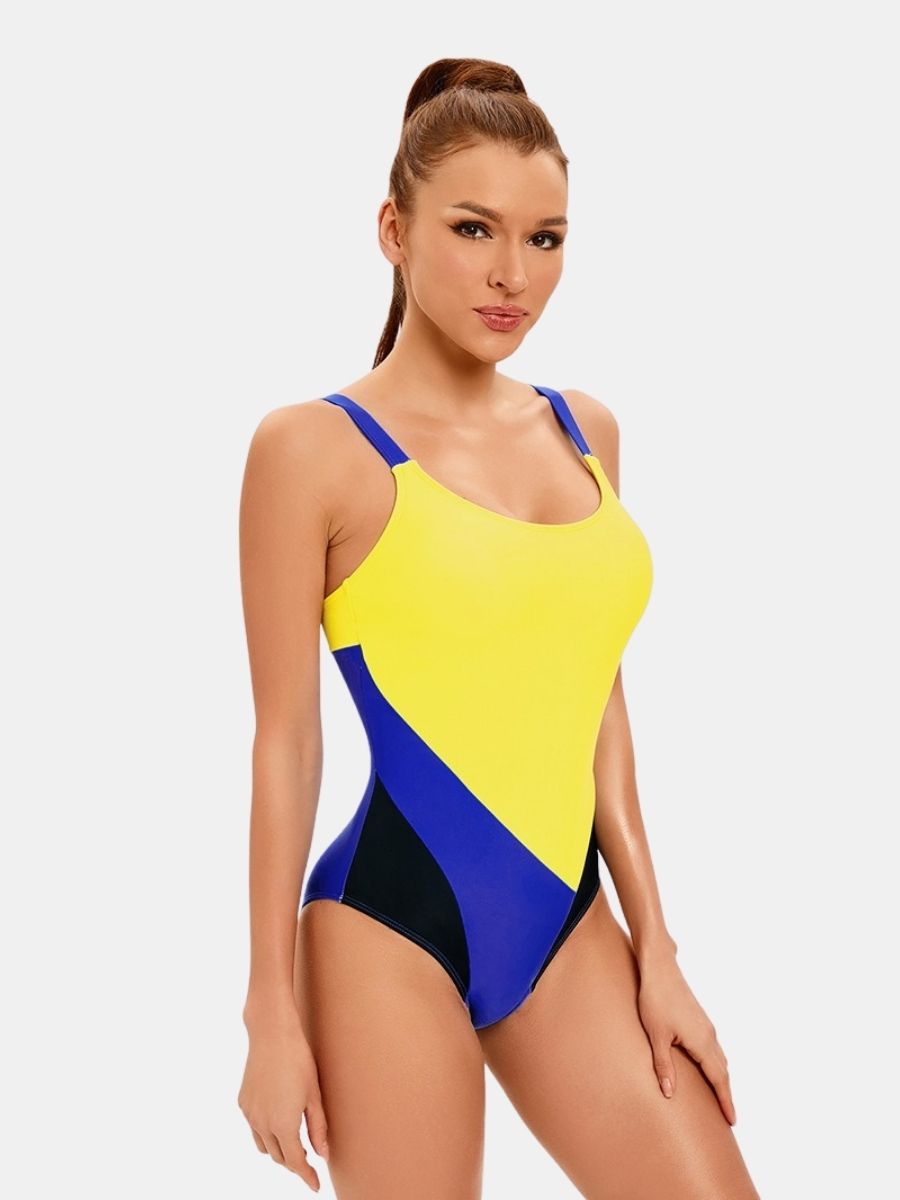 Adjustable Shoulder Strap Colorblock Women Athletic One-piece Sports Swimsuit