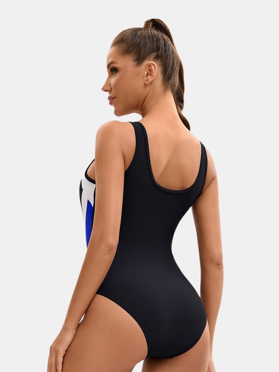 Colorblock Wide Strap Athletic Women One-piece Sports Swimsuit