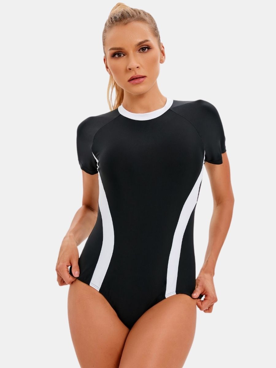 Short Sleeve Back Zip Colorblock Athletic One-piece Women Sports Swimsuit