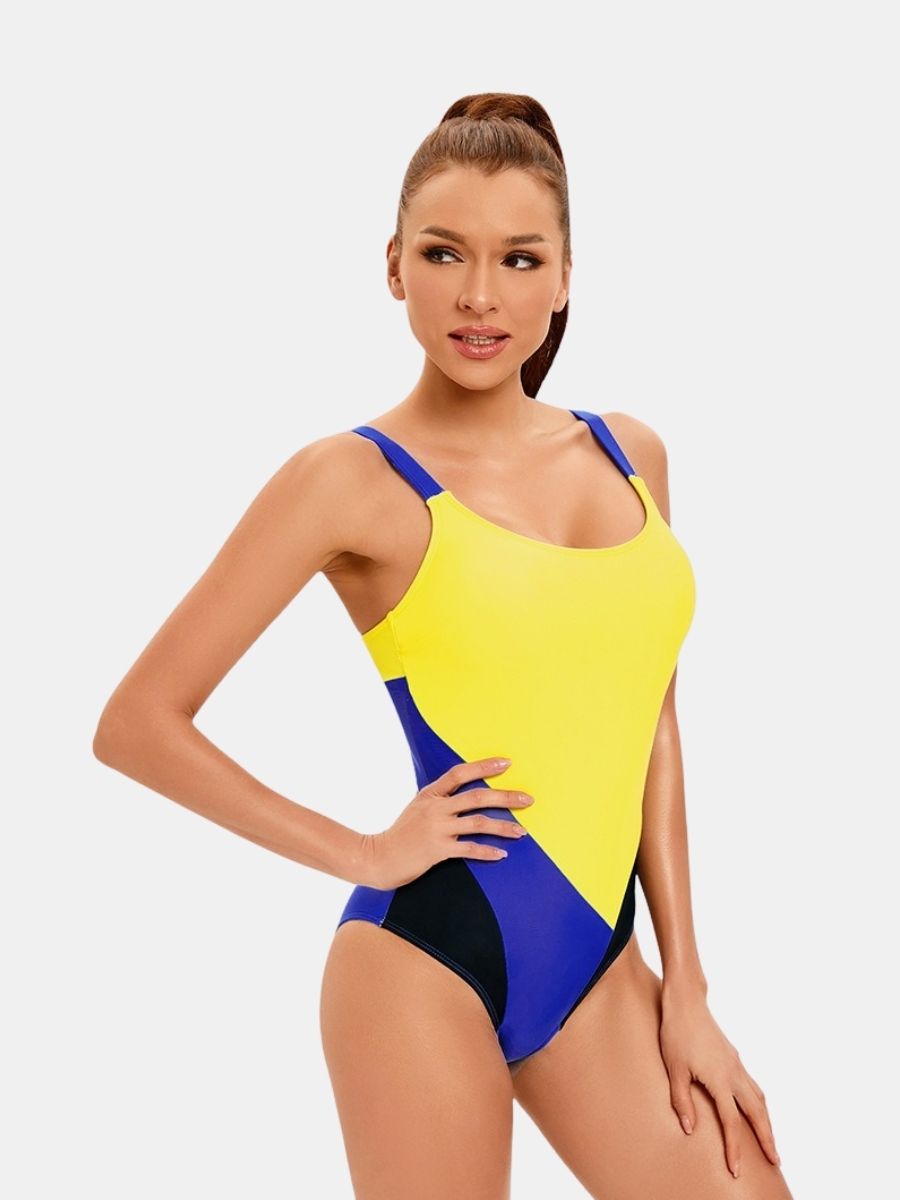 Adjustable Shoulder Strap Colorblock Women Athletic One-piece Sports Swimsuit