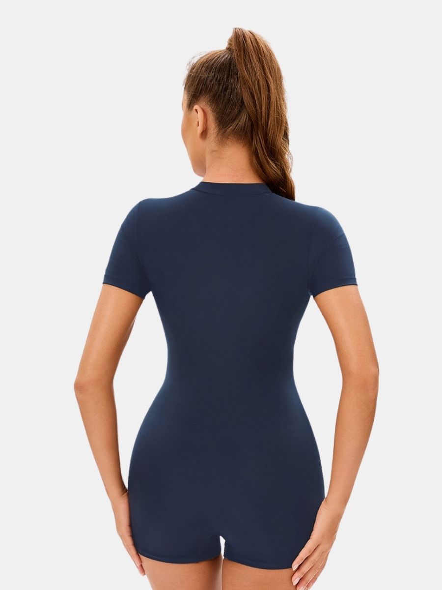 Colorblock Front Zip Boyleg Athletic Women One-piece Sports Swimsuit