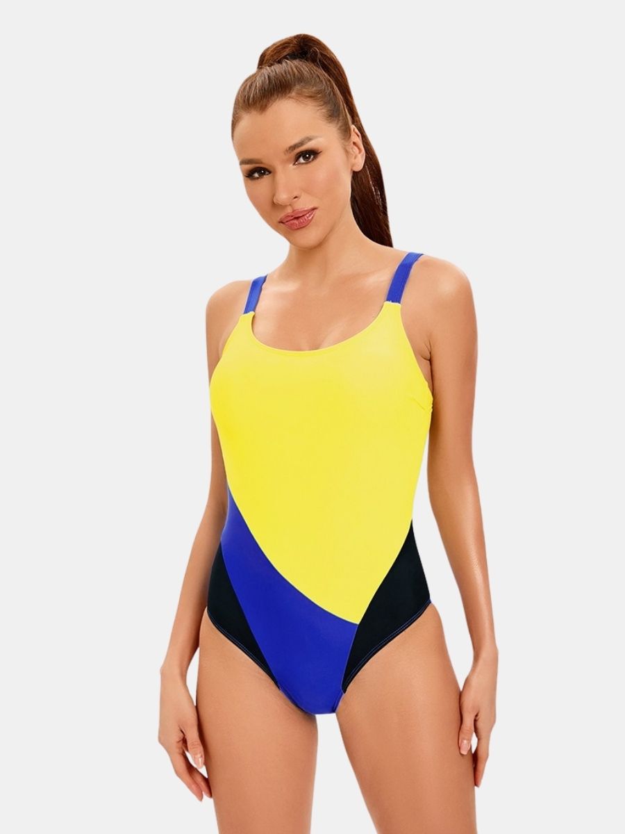Adjustable Shoulder Strap Colorblock Women Athletic One-piece Sports Swimsuit