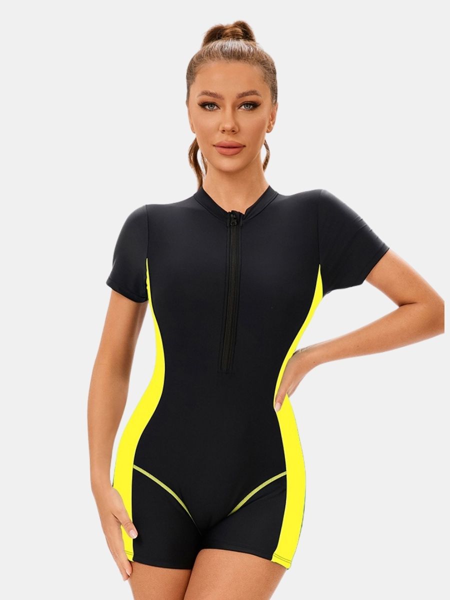 Colorblock Front Zip Boyleg Athletic Women One-piece Sports Swimsuit