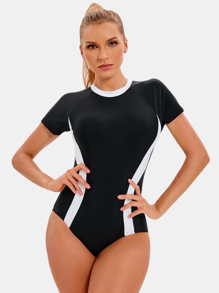 Short Sleeve Back Zip Colorblock Athletic One-piece Women Sports Swimsuit
