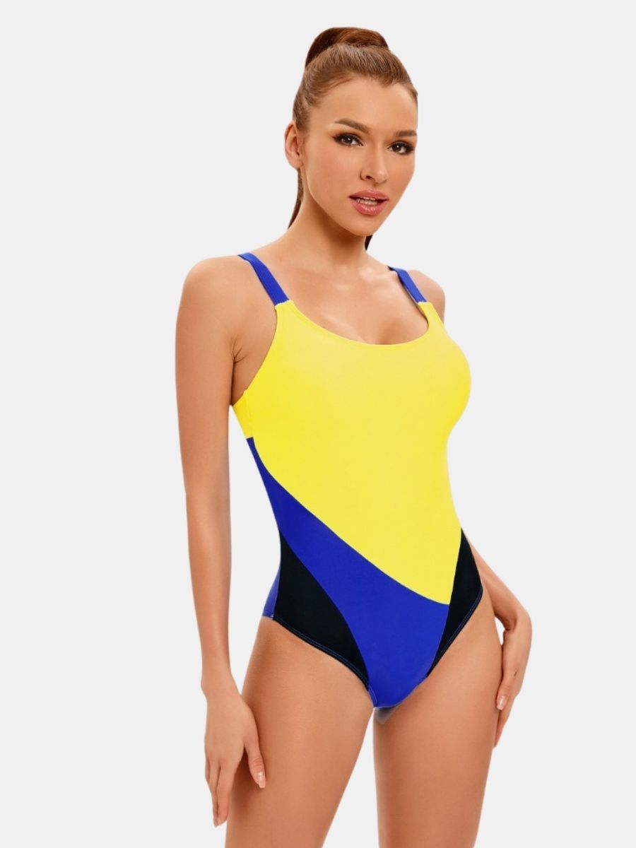 Adjustable Shoulder Strap Colorblock Women Athletic One-piece Sports Swimsuit