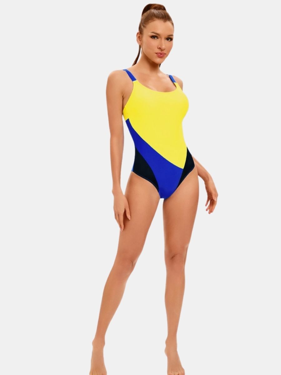 Adjustable Shoulder Strap Colorblock Women Athletic One-piece Sports Swimsuit