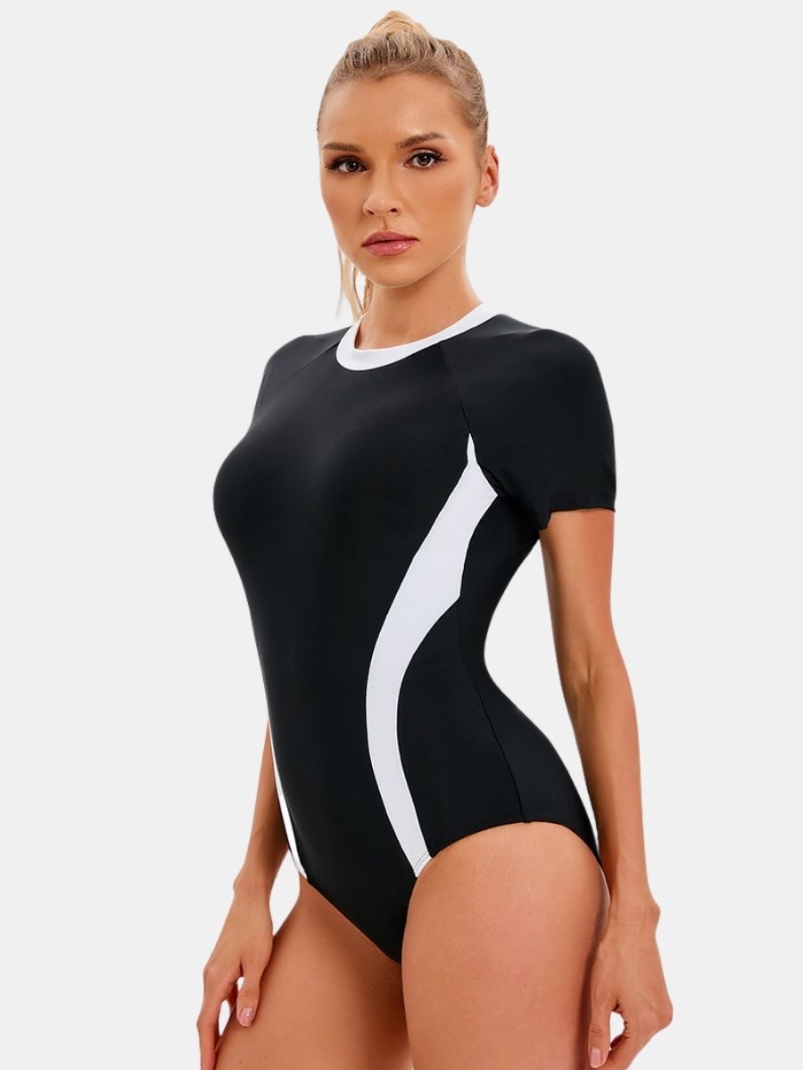 Short Sleeve Back Zip Colorblock Athletic One-piece Women Sports Swimsuit