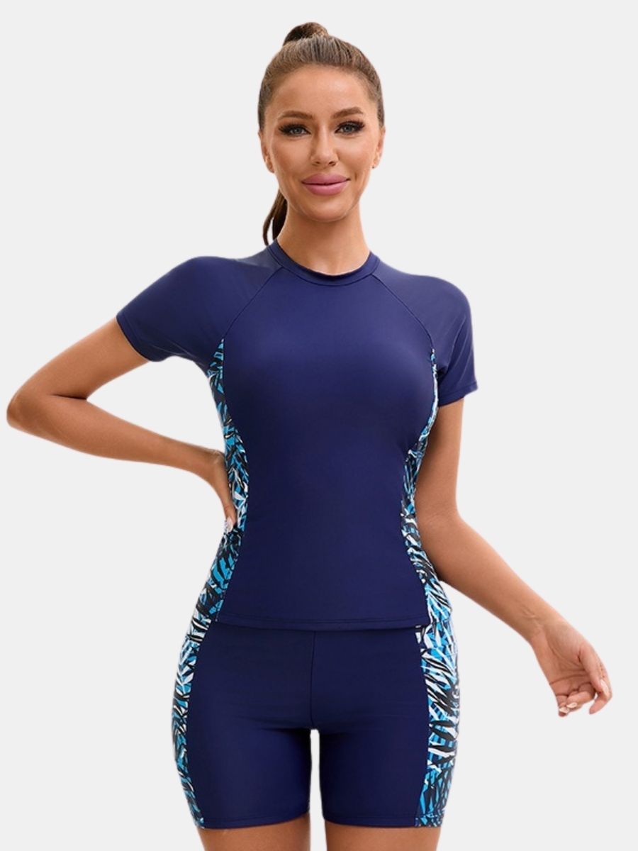 Floral Print Short Sleeve Boyshort Athletic Two-pieces Women Sports Swimsuit