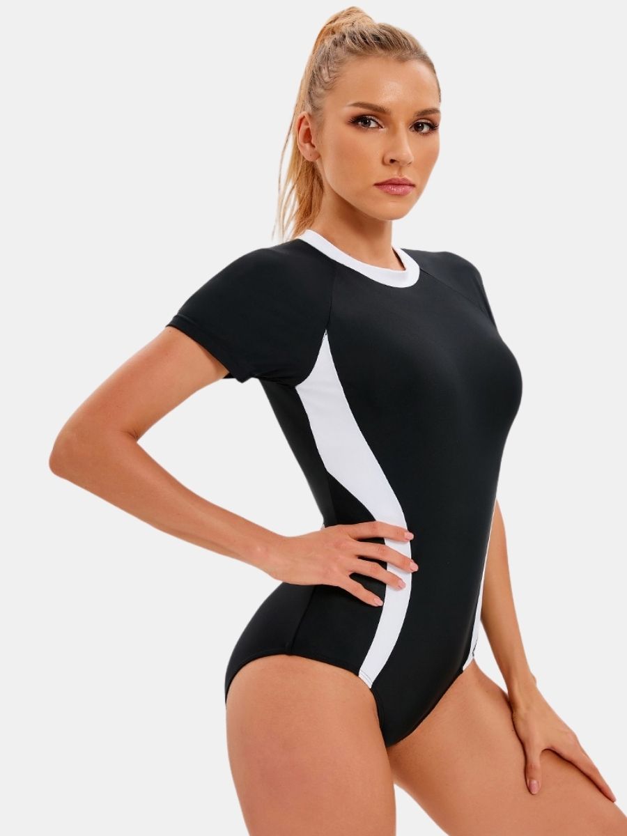 Short Sleeve Back Zip Colorblock Athletic One-piece Women Sports Swimsuit