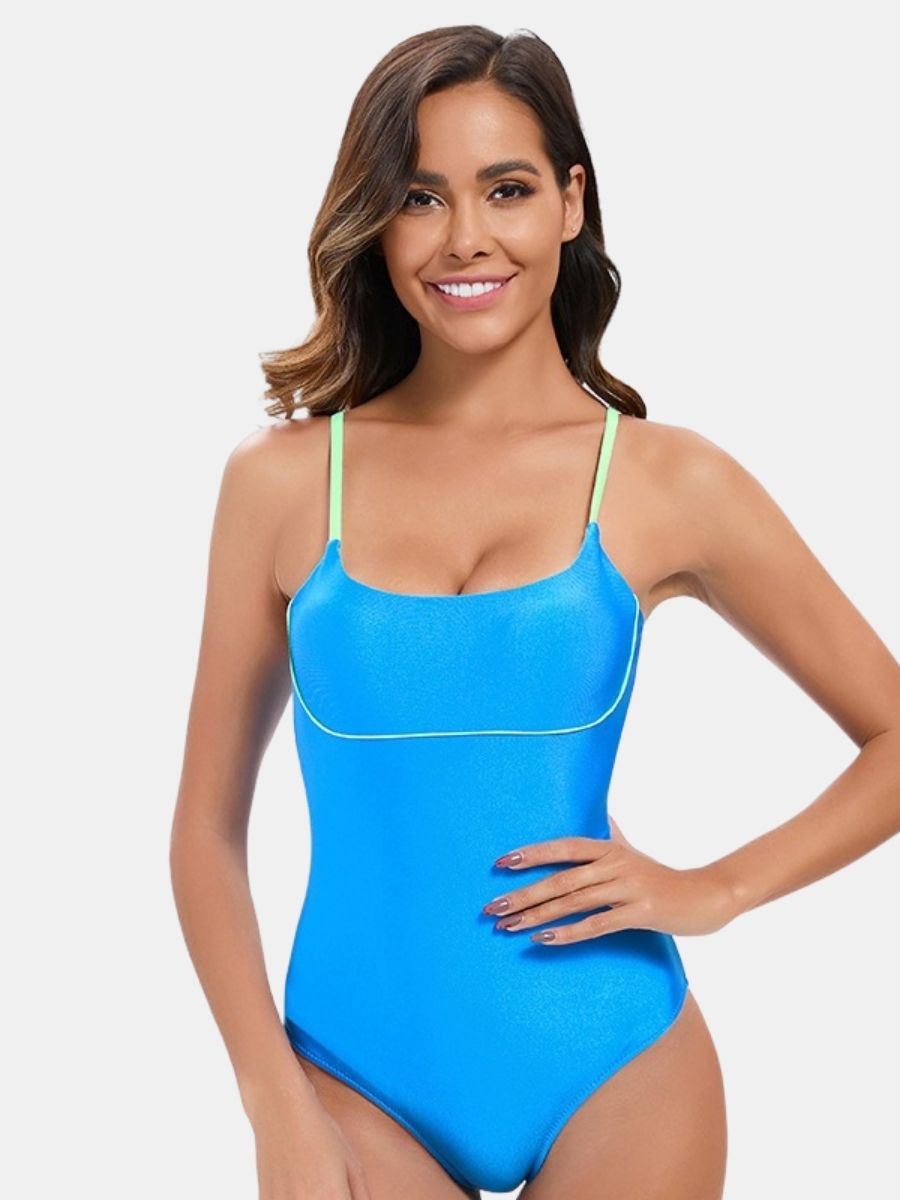 Spegatti Strap Blue Athletic One-piece Women Sports Swimsuit