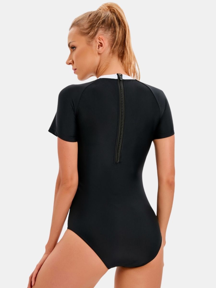 Short Sleeve Back Zip Colorblock Athletic One-piece Women Sports Swimsuit