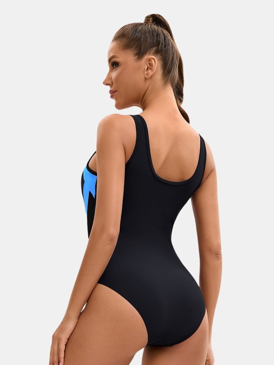 Colorblock Wide Strap Athletic Women One-piece Sports Swimsuit
