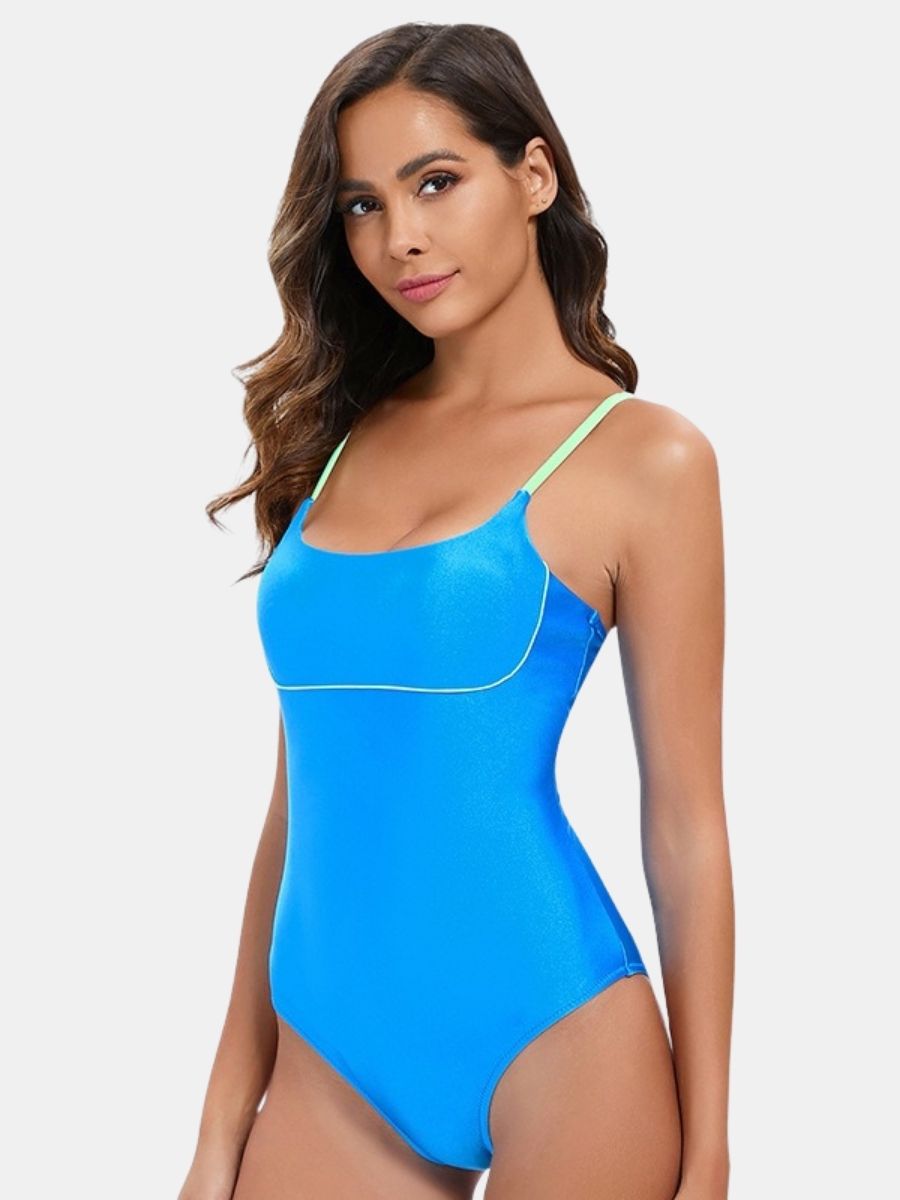 Spegatti Strap Blue Athletic One-piece Women Sports Swimsuit