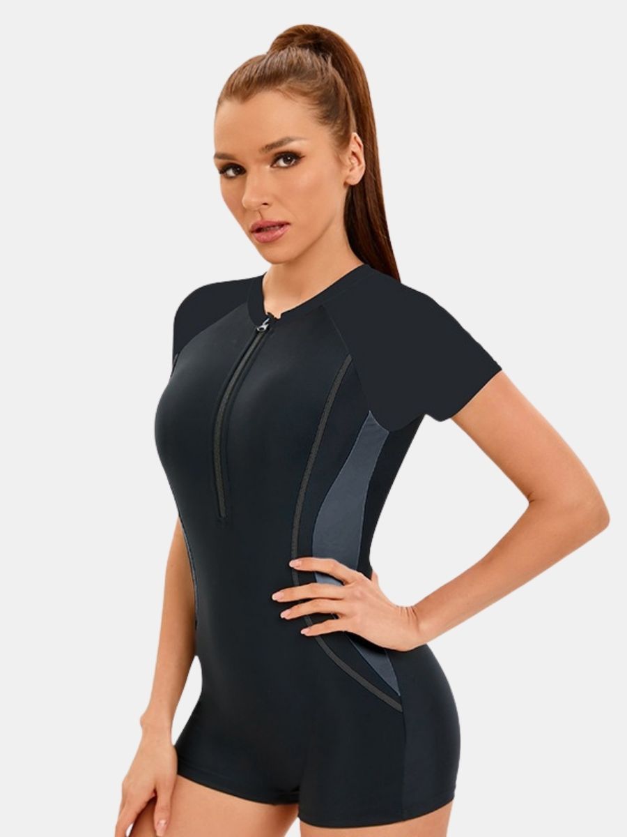Short Sleeve Front Zip Boyleg Athletic One-piece Women Sports Swimsuit