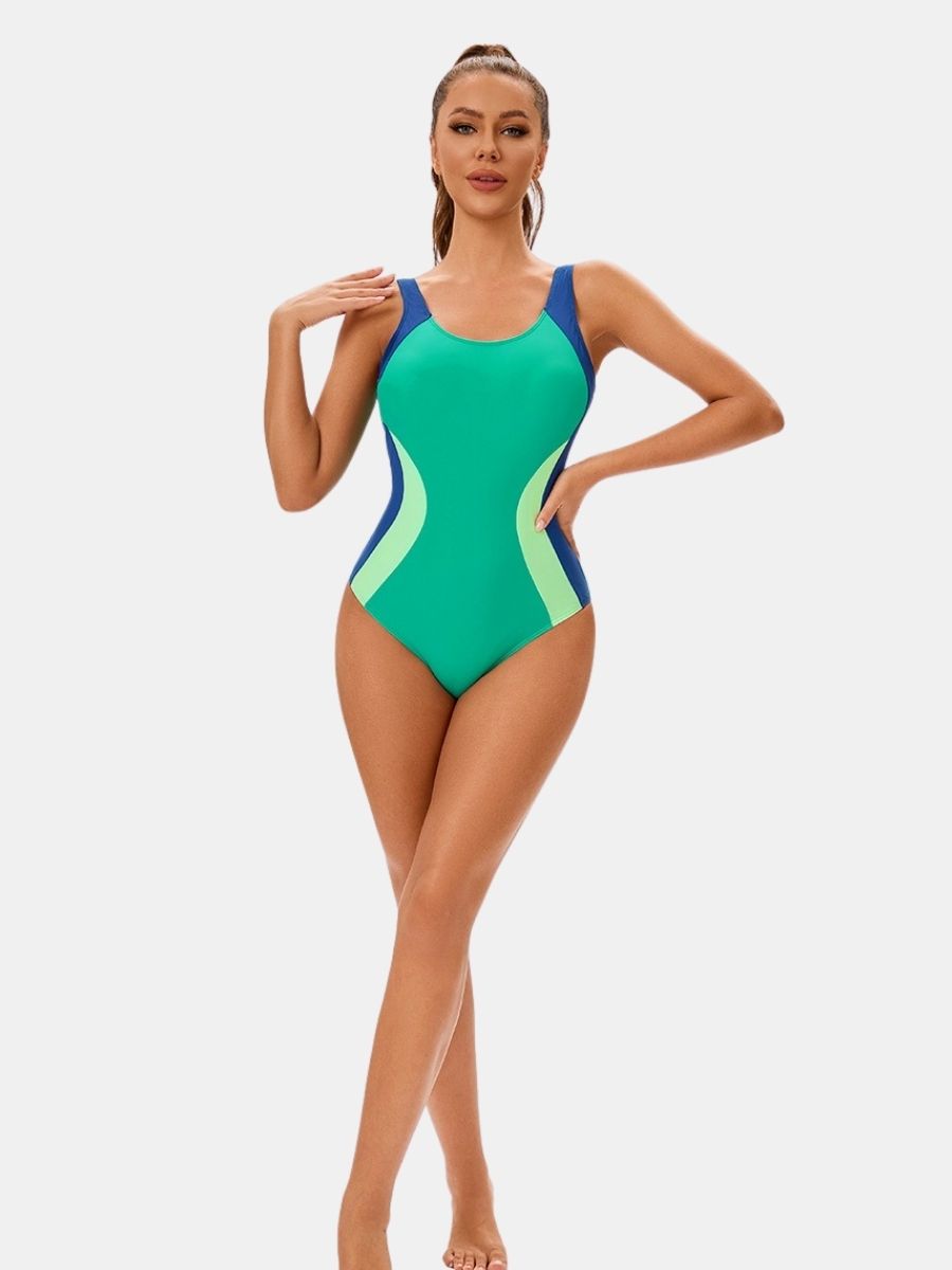 Colorblock Women Athletic One-piece Sports Swimwear