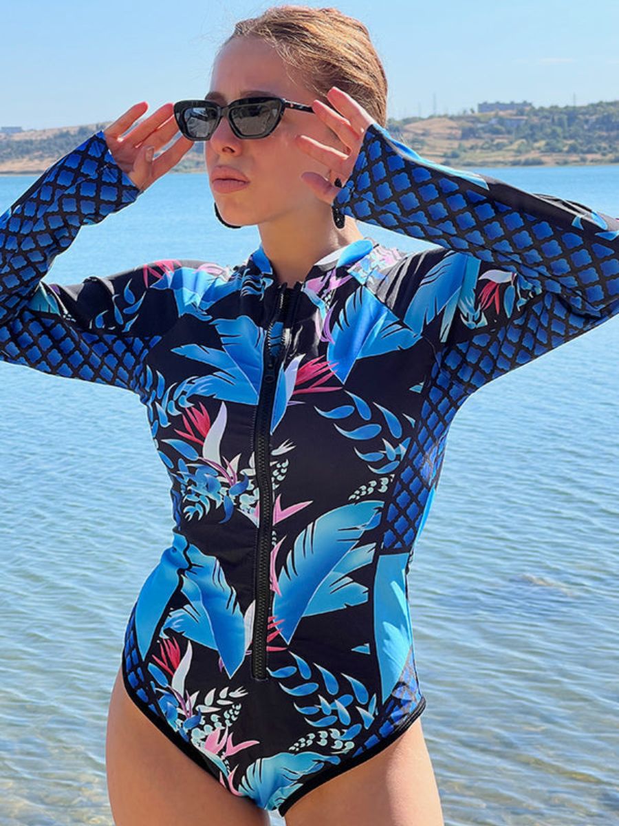 Leaf Printed Long Sleeve Half Zip UPF50+ Rash Guard