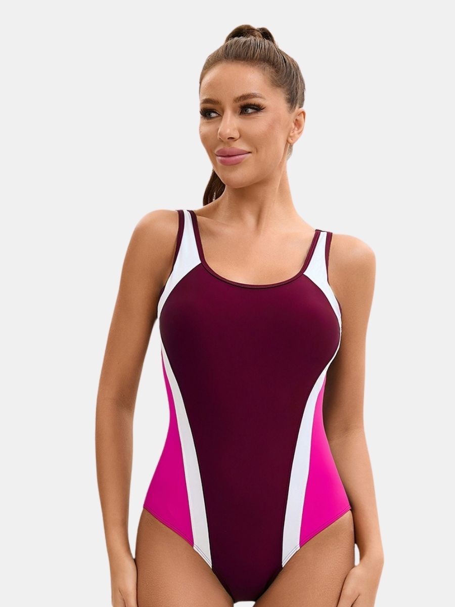 Colorblock Wide Strap Athletic Women One-piece Sports Swimsuit