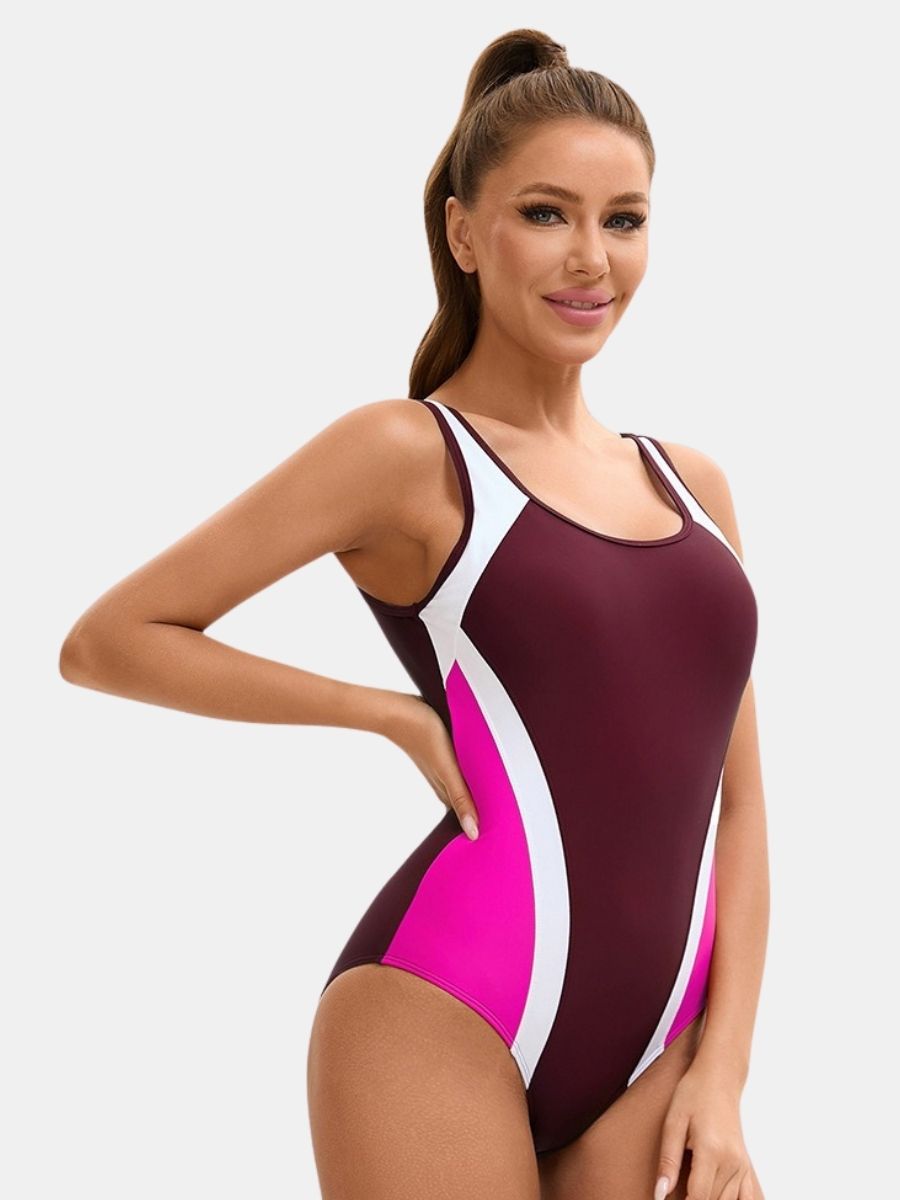 Colorblock Wide Strap Athletic Women One-piece Sports Swimsuit