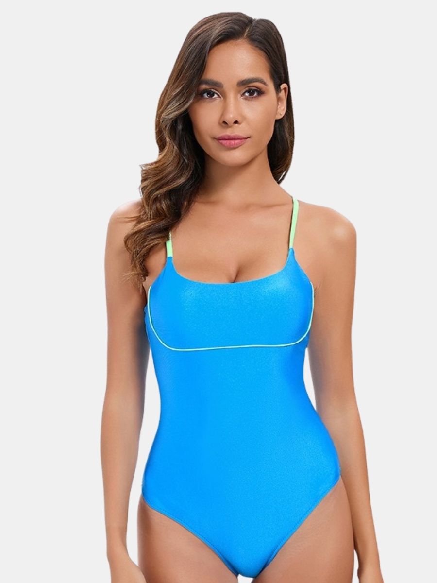 Spegatti Strap Blue Athletic One-piece Women Sports Swimsuit