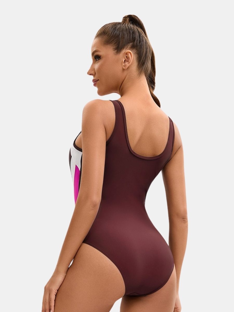 Colorblock Wide Strap Athletic Women One-piece Sports Swimsuit