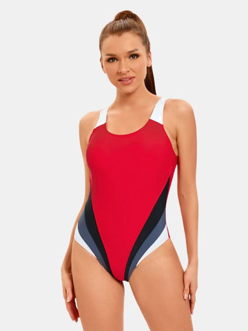 Colorblock Wide Strap U Neck Open Back Athletic Women One-piece Sports Swimsuit