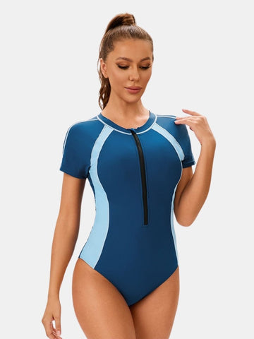 Front Zip Short Sleeve Athletic One-piece Women Sports Swimsuit