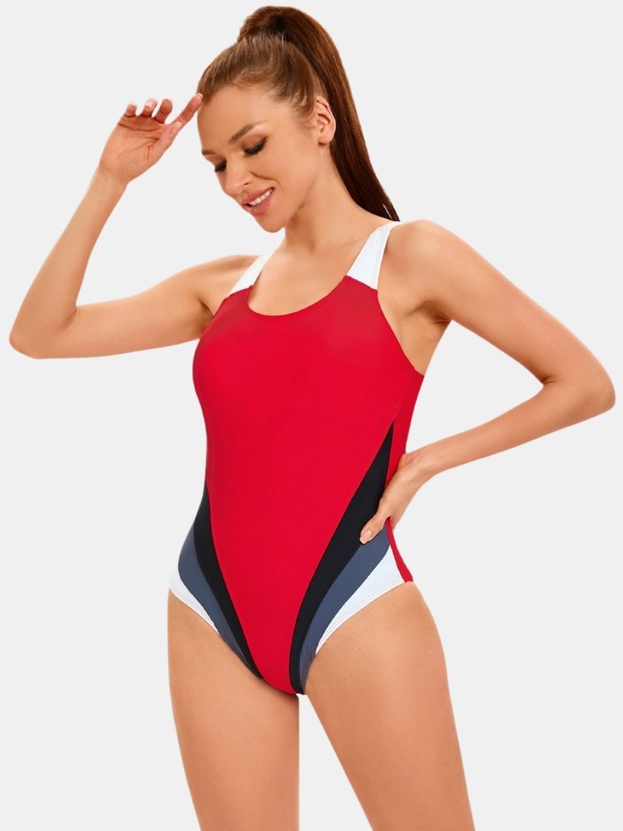 Colorblock Wide Strap U Neck Open Back Athletic Women One-piece Sports Swimsuit
