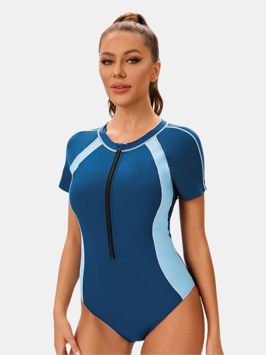 Front Zip Short Sleeve Athletic One-piece Women Sports Swimsuit