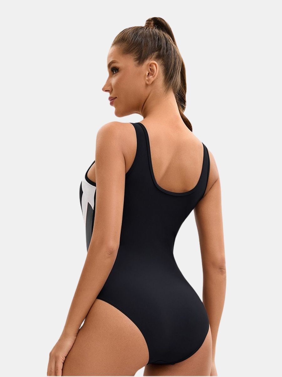 Colorblock Wide Strap Athletic Women One-piece Sports Swimsuit