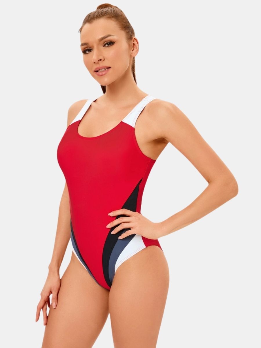 Colorblock Wide Strap U Neck Open Back Athletic Women One-piece Sports Swimsuit