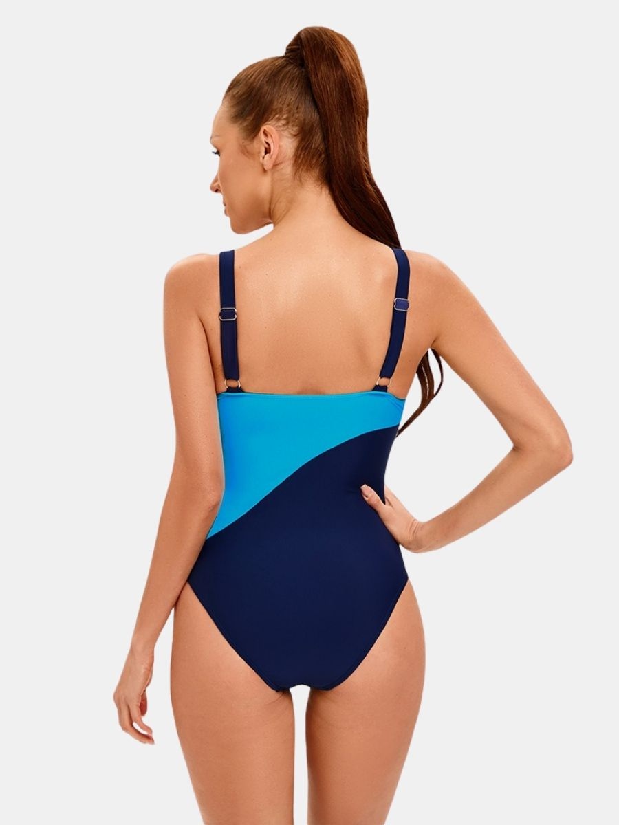 Adjustable Shoulder Strap Colorblock Women Athletic One-piece Sports Swimsuit
