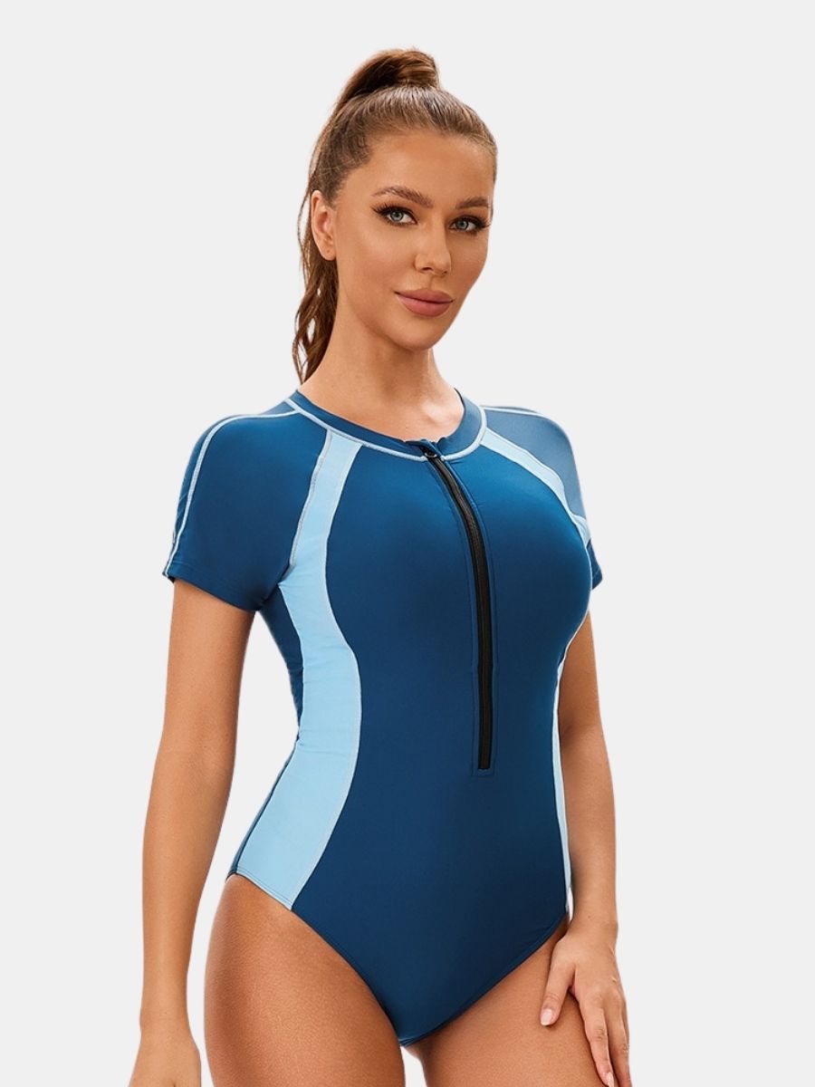 Front Zip Short Sleeve Athletic One-piece Women Sports Swimsuit