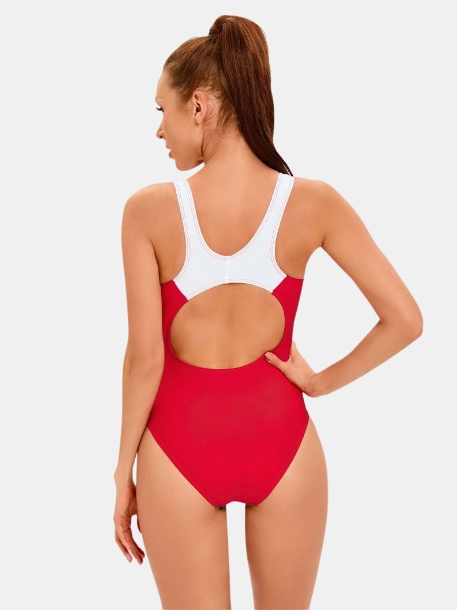 Colorblock Wide Strap U Neck Open Back Athletic Women One-piece Sports Swimsuit