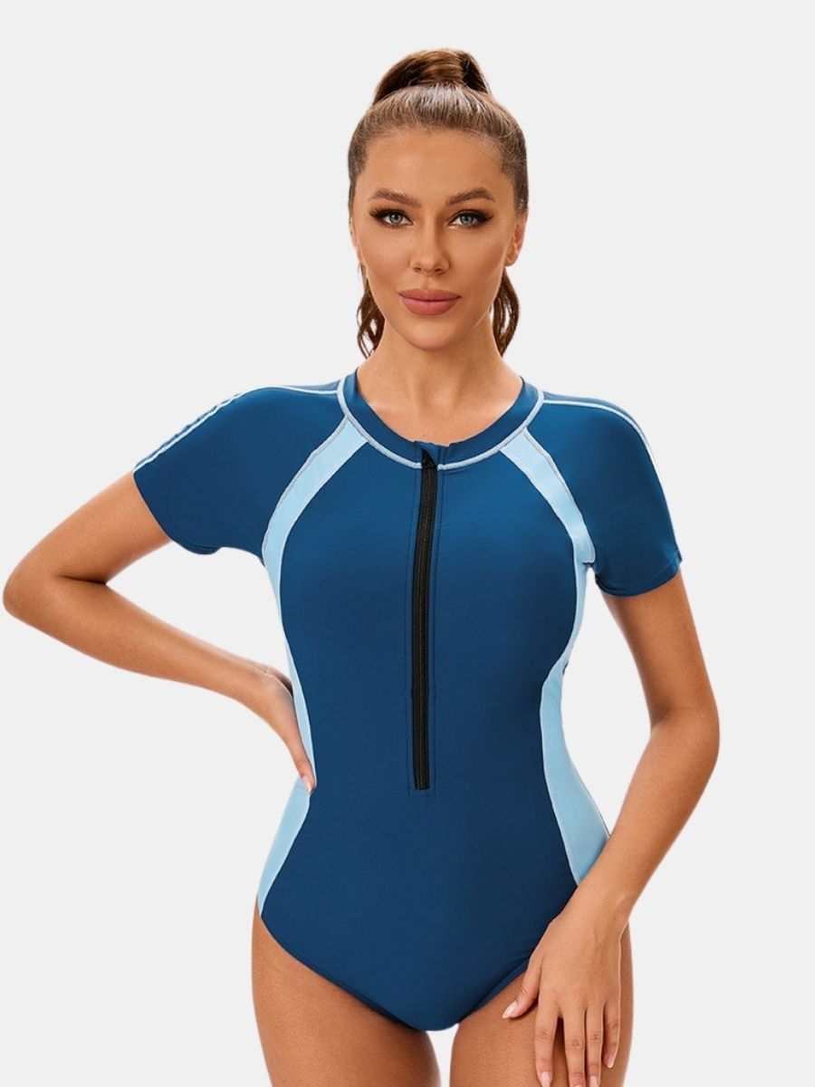 Front Zip Short Sleeve Athletic One-piece Women Sports Swimsuit