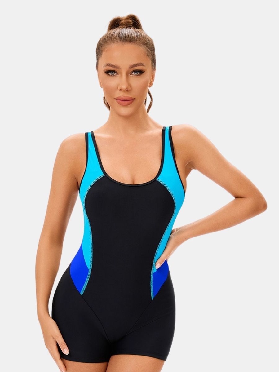 Colorblock Wide Strap Open Back Boyleg Athletic Women One-piece Sports Swimsuit