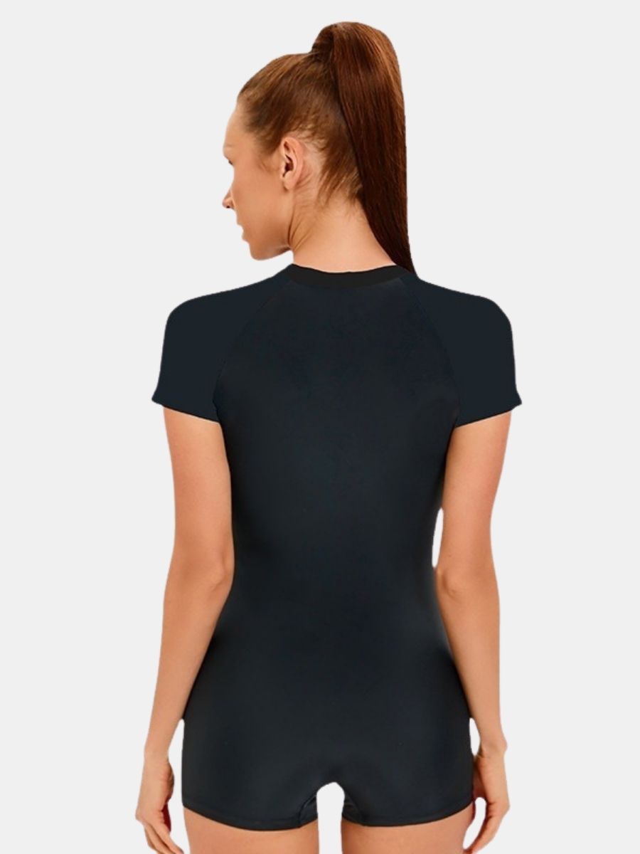 Short Sleeve Front Zip Boyleg Athletic One-piece Women Sports Swimsuit