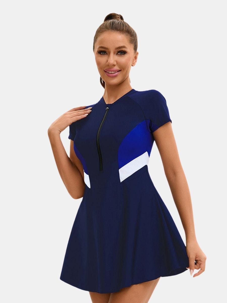 Short Sleeve Front Zip Athletic Women One-piece Sports Swimdress