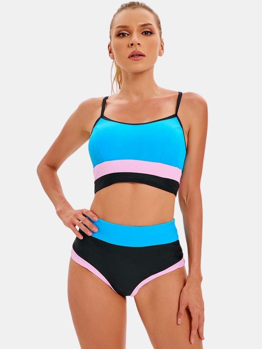 Thin Strap Athletic Colorblock Two-pieces Women Sports Swimsuit
