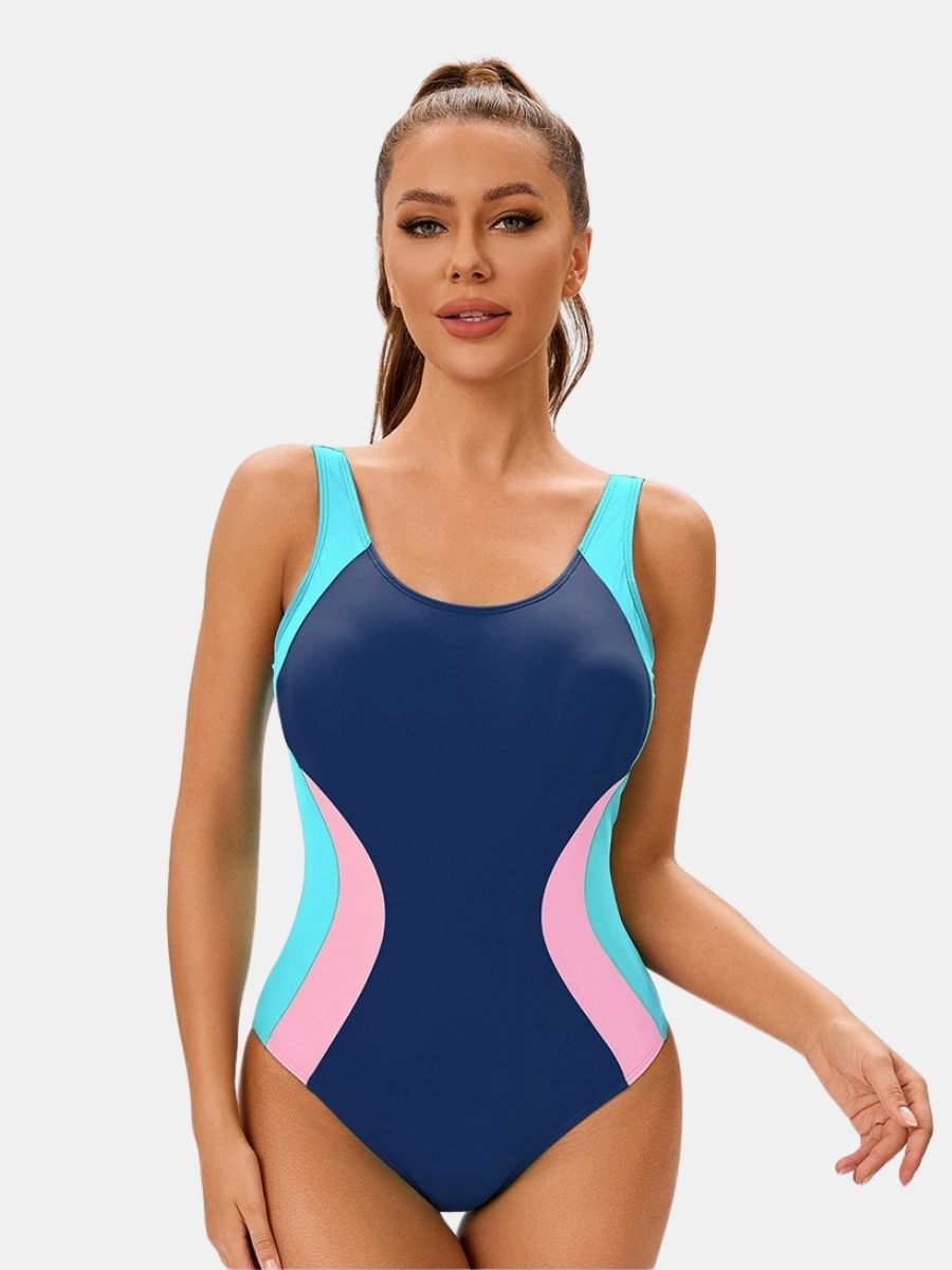 Colorblock Women Athletic One-piece Sports Swimwear